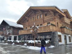 Gstaad. Most of the buildings in the Oberland are built in this style to protect against the heavy snowfall