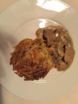 Dinner at the hotel: a traditional Swiss meal called Veaux (veal) and Rosti (potatoes)